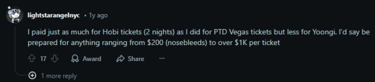 Reddit user lightstarangelnyc compared their concert expenses Reddit user lightstarangelnyc compared their concert expenses